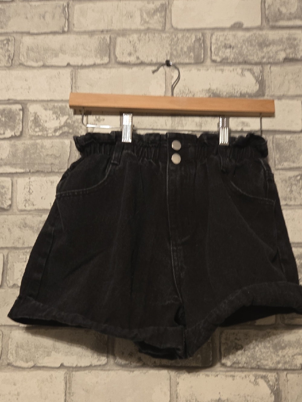 High-Waist Black Paperbag Denim Shorts with Double Button